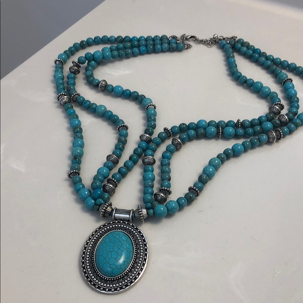Chico’s Vintage Statement Piece Turquoise Beaded Necklace with Silver Accents